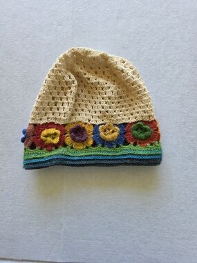 Cottagecore Cream Crochet Beanie with Multicolor Flower Band